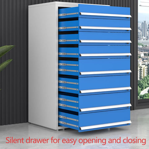 Heavy Duty Steel Tool Cabinet Shop Grade Rolling Cart Pro Built With Thirteen Wide Drawers showing blue drawers for easy access.