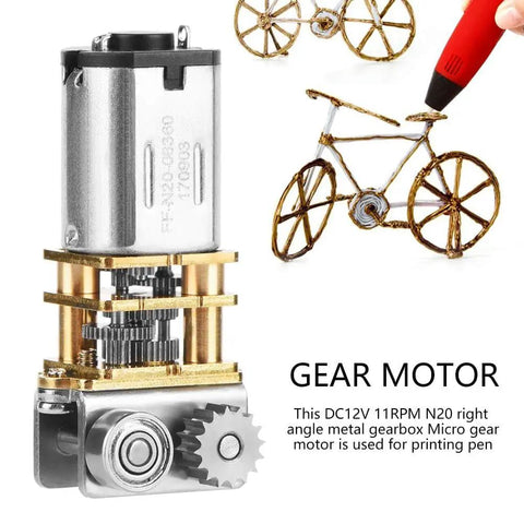 12V DC Micro Gear Motor 11 RPM Right Angle Metal Gearbox For 3D Printing Pen, showing an N20 motor and printed bike model.