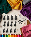 12 Piece Black Zipper Repair Kit With Removable Sliders for quick fix on clothes, backpacks and jackets, surrounded by fabric.