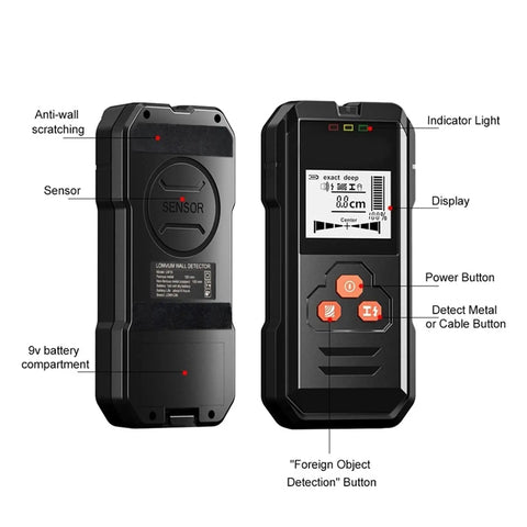 Premium Handheld Wall Scanner And Digital Metal Detector With Bright Lcd Display showing buttons, sensor, and display features.
