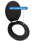 Ultra Plush Cushioned Toilet Seat With Soft Vinyl Comfort, Black Finish, Elongated Toilet Compatible, open seat view