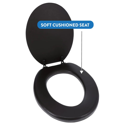 Ultra Plush Cushioned Toilet Seat With Soft Vinyl Comfort, Black Finish, Elongated Toilet Compatible, open seat view
