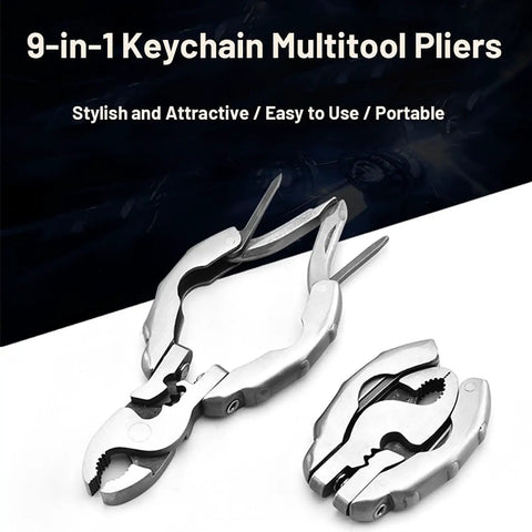 9-In-1 Keychain Multitool Pliers With Wire Cutter Stripper Crimper Bottle Opener And Screwdrivers, stainless steel, open and closed view