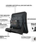 Back view of MultiMatch R 1200 Lumen LED Work Light for Painting Jobs with features labeled including battery indicator and dimmable light.