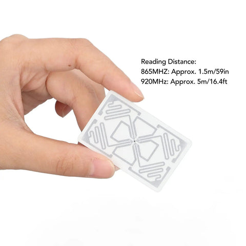 Top Tier One Hundred Pieces Uhf Rfid Tags 860 To 960 Mhz Adhesive Labels in hand, showing design and dimensions for scanning.