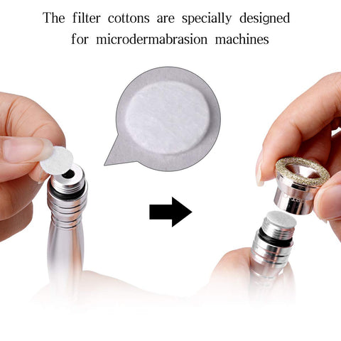 Hands inserting 200 Pcs Microdermabrasion Cotton Filters Replacement 10 mm Universal Fit into diamond dermabrasion machine