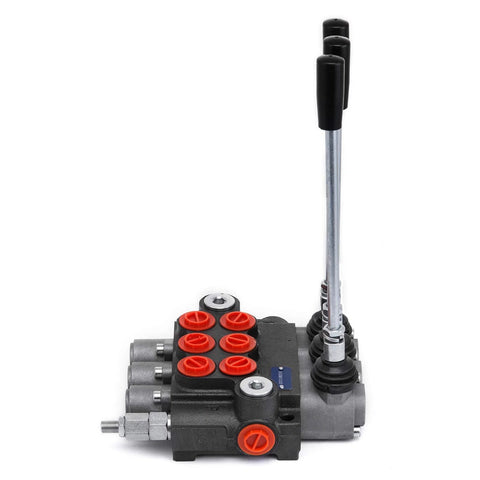 3-spool hydraulic control valve with lever, black body, red port plugs, metal control lever for tractors/loaders