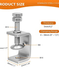 Detailed view of No Fuss 304 Stainless Steel C Clamps showing size, clamping range, and material specifications.