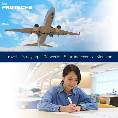 Protechs Foam Ear Plugs For Sleep And Focus, woman studying, airplane, travel, studying, concerts, sporting events