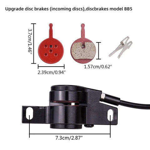 Upgrade Your Ride With This Premium Full Aluminum Alloy Hydraulic Disc Brake Kit featuring red brake pads and black caliper.