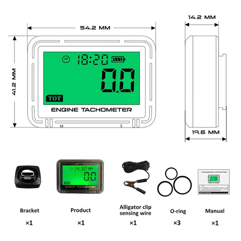 Digital Tachometer With RPM Alarm And Hour Meter, compact engine gauge dimensions and included accessories display