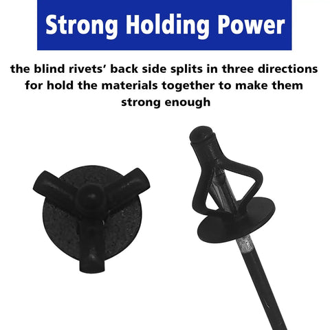 Top Shelf Heavy Duty Tri Fold Exploding Aluminum Pop Blind Rivets With Large Head Built Like A Tank For Auto Marine And Furniture Assembly 50 Piece Black Set 3 16 Inch showing strong holding power and design.