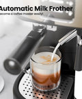 Pro Grade 20 Bar Compact Espresso Maker Featuring Automatic Milk Frother And Stainless Steel Frame Yields Top Tier Cappuccino Latte With Bold Kick For Quick Daily Grinds, pouring milk into glass.
