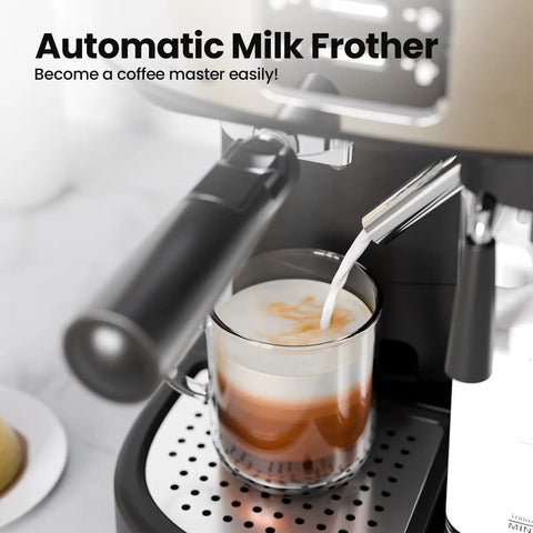 Pro Grade 20 Bar Compact Espresso Maker Featuring Automatic Milk Frother And Stainless Steel Frame Yields Top Tier Cappuccino Latte With Bold Kick For Quick Daily Grinds, pouring milk into glass.