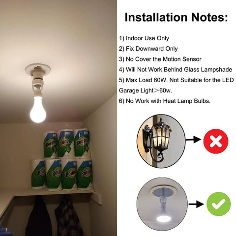 PIR Motion Sensor Light Socket E26 E27 Smart Lamp Holder Adapter mounted downward in closet with bulb on
