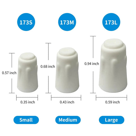Three white porcelain ceramic wire connectors in small, medium, and large with measured dimensions