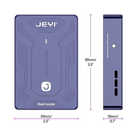 Blazing Fast Dual Bay Nvme M.2 Ssd Enclosure with USB 3.2 Gen2x2 shown from front and side, dimensions 89mm x 59mm x 18mm.