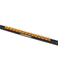 Side view of a Three Eighths Inch Drive Magnetic Socket Rail With Fourteen Clips Aluminum Frame Ball Bearing Retention Rotating Clips