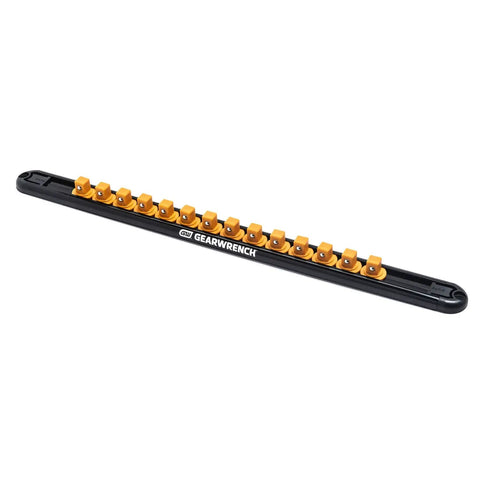 Side view of a Three Eighths Inch Drive Magnetic Socket Rail With Fourteen Clips Aluminum Frame Ball Bearing Retention Rotating Clips