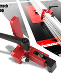 Premium Aluminum T Track Stop For Woodworking Machinery Precision Miter Fence Guide close-up on red stop block with handle.