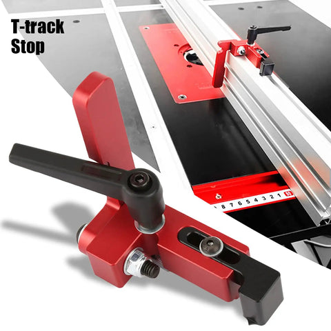 Premium Aluminum T Track Stop For Woodworking Machinery Precision Miter Fence Guide close-up on red stop block with handle.