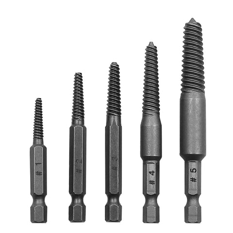 Heavy Duty Bolt Extractor Kit With Fluted Shank Design For Stripped Screws And Damaged Fasteners That Grip Tighter Under Torque To Save Your Bones When Removing Tough Rusty Steel Studs, Socket Heads, And Frozen Hardware Fast And Easy Without Breaking A, set of 5 steel sizes