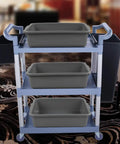 Four Pack Plastic Bus Tubs For Commercial Use, 13 Liter Capacity Tote Boxes on a cart in a cafeteria setting