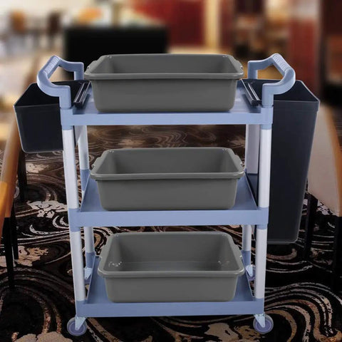 Four Pack Plastic Bus Tubs For Commercial Use, 13 Liter Capacity Tote Boxes on a cart in a cafeteria setting