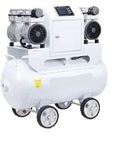 Heavy Duty Oil Free Vacuum Pump With Dual Pump Head And Built In Microcomputer Control on wheeled white tank for shop use.
