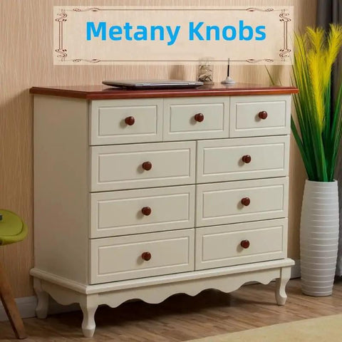 Heavy Duty Round Wood Drawer Knobs For Dressers And Cabinets, Slick Red Brown Finish With Hassle Free Mounting Screws, Pro Level Furniture Pull Handles Set Of Ten on a dresser.