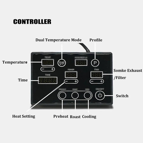 Controller panel of Commercial Automatic Coffee Bean Roaster With Smoke Filter And Nine Custom Baking Curves for precise roasting settings.