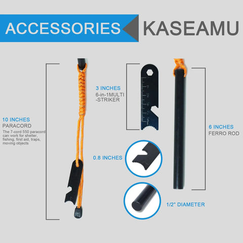 Extra Large Ferro Rod Fire Starter Kit 6 Inch by Half Inch Flint and Steel Survival Tool with paracord and multi-tool striker displayed