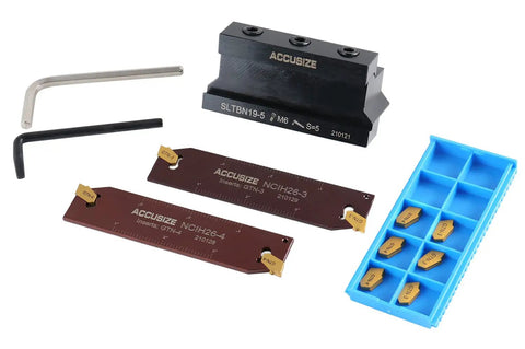 Three Quarters Inch Self Lock Block 2410-0013 With Five GTN-3 Carbide Inserts And Five GTN-4 Carbide Inserts Plus NCIH26-3 And NCIH26-4 Blades Beefed-Up Precision Ground Set For Milling And Machining Applications