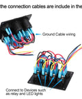 All In One 4 Gang Waterproof Marine Rocker Switch Panel With 12A 24V Capacity, Dual 2.1A USB Fast Chargers, Digital Voltmeter And Cigarette Lighter Socket, Perfect for Pontoon Boats, RVs, Trucks, ATVs And UTVs. Wiring view with included cables.