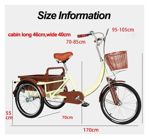 Adult Tricycle With Back Cabin Cargo Trike For Seniors And Outdoor Fun, dimensions, dual brakes and basket, side view