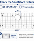 Heavy Duty Stainless Steel Kitchen Sink Grid Protector dimensions diagram showing 28-3/8" x 14-3/16" size and 5" rear drain opening.
