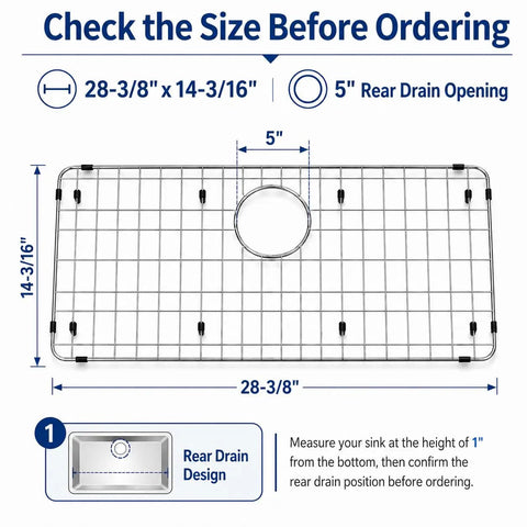 Heavy Duty Stainless Steel Kitchen Sink Grid Protector dimensions diagram showing 28-3/8" x 14-3/16" size and 5" rear drain opening.