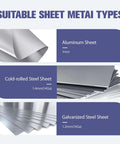 Image showing suitable sheet metal types for Pro Grade 15.25 Inch Sheet Metal Bender Folding Tool, including aluminum, cold-rolled, and galvanized steel.