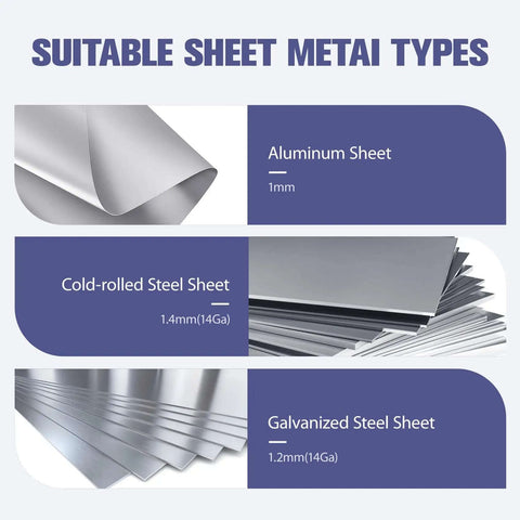Image showing suitable sheet metal types for Pro Grade 15.25 Inch Sheet Metal Bender Folding Tool, including aluminum, cold-rolled, and galvanized steel.
