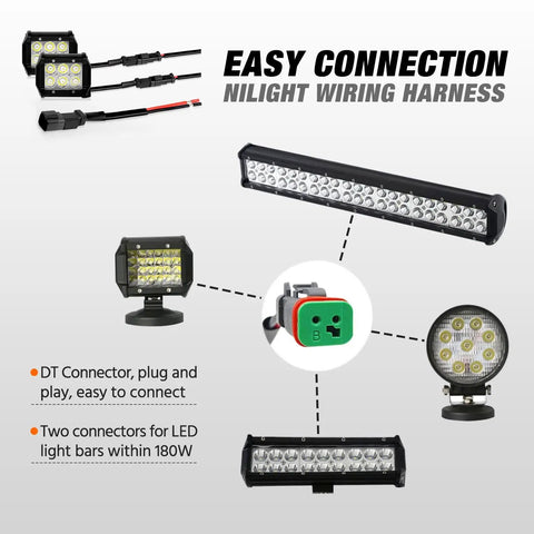 Diagram illustrating easy connection for Nilight wiring harness with DT connector and LED light bars.