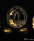 Premium Brass Gold And Silver Plated Katana Fittings Set With Tsuba Guard Menuki Fuchi Kashira on black background
