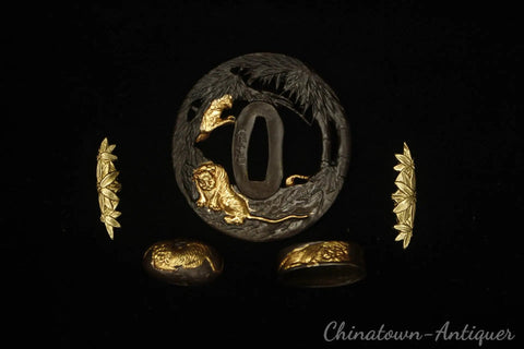 Premium Brass Gold And Silver Plated Katana Fittings Set With Tsuba Guard Menuki Fuchi Kashira on black background