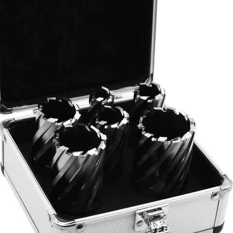 Heavy Duty 6 Piece Annular Cutter Set Spanning Seven Eighths To Two Inches With Three Quarter Inch Welded Shank in a case.