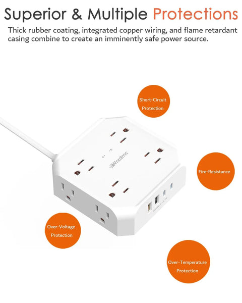 Universal 2 Prong To 3 Prong Outlet Adapter With 5 Foot Cord For Older Home Wiring Safe Conversion Hub For Personal Electronics and Small Appliances on a white background.