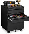 Rock Solid Heavy Duty Metal Rolling Tool Cabinet With Lockable Drawers And Non Slip Rolling Wheels, tools stored neatly in black cabinet.