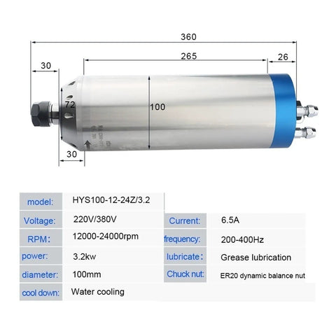 Heavy Duty CNC Spindle Motor With ER20 Collet And Four Precision Bearings for engraving and cooling features.