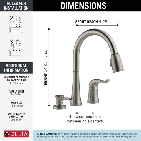 Dimensions of Rugged Brushed Nickel Kitchen Faucet With Butter Smooth Pull Down Spray And Built In Soap Dispenser Quick Fit Zero Sweat Two Hole Mount.