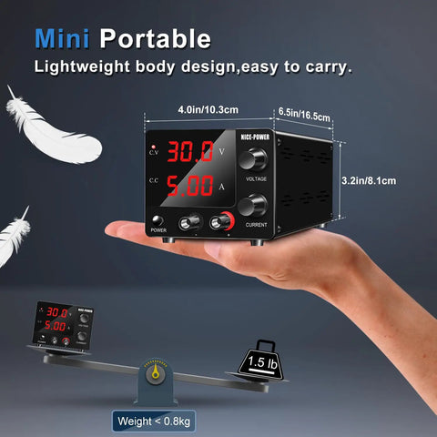30V 5A Adjustable DC Power Supply With Dope Encoder Knob in hand, showing size and weight, ideal for DIY Electroplating.