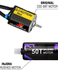 Comparison of Pro 050 Brushed Motor 50T with metal motor mount and 4g aluminum heat sink for SCX24, highlighting torque upgrade.