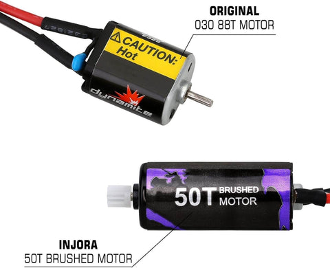 Comparison of Pro 050 Brushed Motor 50T with metal motor mount and 4g aluminum heat sink for SCX24, highlighting torque upgrade.